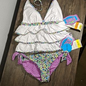 NWT floral Tankini swim set white purple polka dot